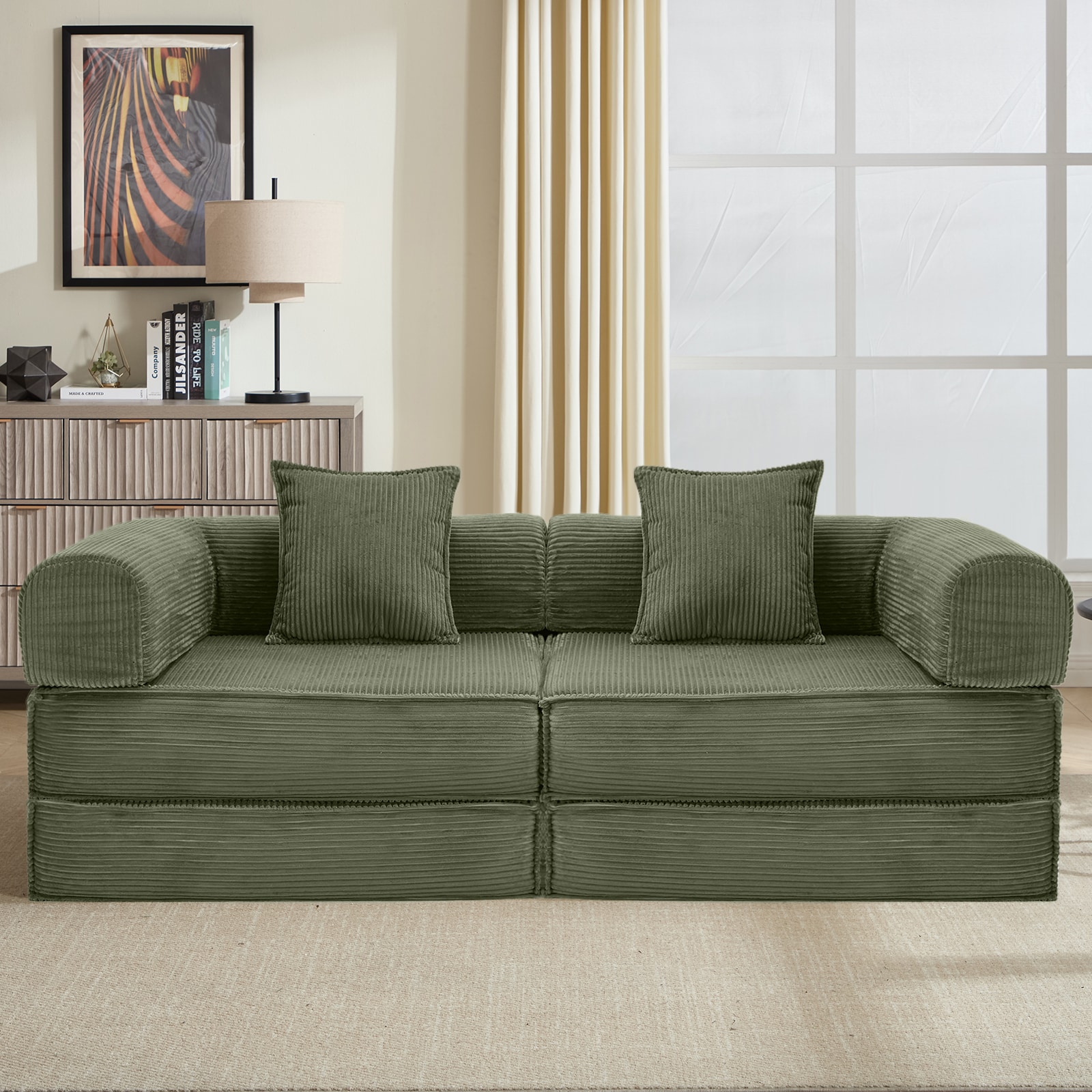 78" Convertible Sleeper Sofa Bed, Modular Corduroy Couch With 2 Pillows, Compressed Floor Sofa For Living Room, Bedroom (Green)_voghion.com